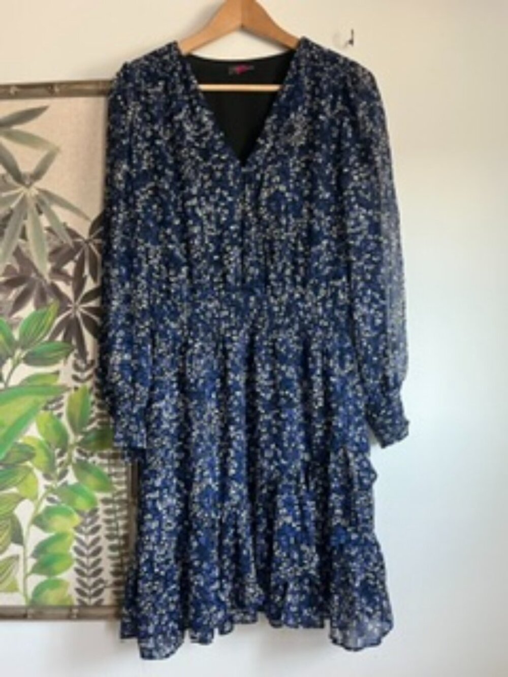 Vince Camuto Blue/Black/White V-Neck Long-Sleeve Tiered Mini Dress S
